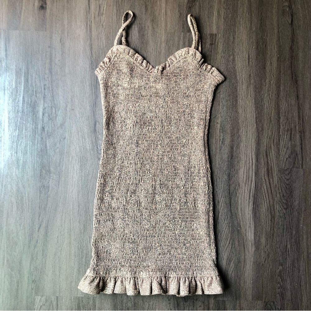 Storia‎ Smocked Mini Dress Size Large Brown Cotton Blend Bodycon Sweetheart